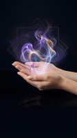 Female hand holding glowing purple and gold energy orb with geometric shapes on dark background, representing magic, spirituality, healing, and mystical power for wellness and alternative medicine concepts.