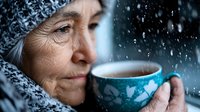 Senior Caucasian woman in winter hat enjoying hot beverage from turquoise mug while watching snow fall through window, peaceful cozy moment captured in natural light.