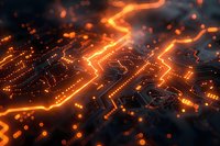 Glowing orange circuit paths on dark electronic board with luminous energy flow creating futuristic technology pattern.