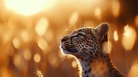 African leopard profile against golden sunset bokeh background, whiskers backlit, dramatic wildlife portrait showing majestic feline in warm evening light.