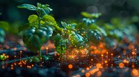 Young green plant seedling growing in soil with digital technology overlay and glowing orange bokeh lights creating futuristic agricultural concept.