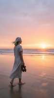 Woman with gray hair wearing light linen dress standing barefoot on beach at sunset, holding shoes, gazing at ocean horizon during golden hour.
