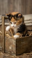 Adorable calico kitten sitting in a rustic wooden box with straw, gazing curiously at the camera on a warm farmhouse background.