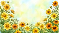 Watercolor wildflower border frame with yellow and orange blooms on soft pastel background for spring summer greeting cards and botanical designs.