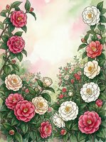 Watercolor floral frame with pink and white camellia blooms, green leaves, soft pastel background, copy space for greeting cards.