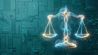 Digital justice scales with glowing light effects on futuristic circuit board background for legal technology and law firm presentations.