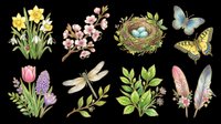 Watercolor spring flowers, blossoms, bird nest with eggs, butterflies, dragonfly, tulips, and feathers isolated on transparent background. Ready for t-shirt designs, clipart, stickers, sublimation, and print-on-demand projects.