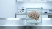 Human brain specimen preserved in transparent glass container on laboratory table in modern medical research facility for neuroscience studies and education.
