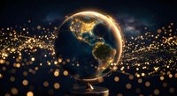 Glowing Earth planet with golden light network connections and sparkling particles in dark space for technology and global communication concepts.