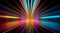 Vibrant neon light rays converge to central point creating dynamic perspective with colorful reflections on glossy surface. Retro synthwave style background for modern designs.