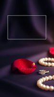 Red carnival mask with golden ring and pearl necklace on dark fabric surface for masquerade party celebration and elegant costume event decoration.