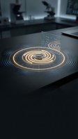 Futuristic holographic interface with glowing circular waves projected on modern desk surface for technology and innovation concepts.