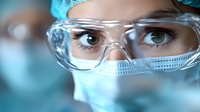 Close up view of medical professional wearing protective goggles and surgical mask in hospital setting, focused on intense eyes and determined gaze during procedure.