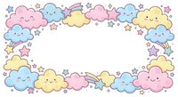 Cute kawaii clouds and stars frame border with smiling faces in pastel colors on white background for baby shower invitations and nursery decor.