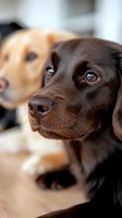 Close-up portrait of chocolate brown Labrador with soulful amber eyes, with yellow lab companion in soft background focus, capturing tender pet moment.