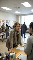 Middle-aged Caucasian female teacher in beige cardigan helping student at desk in modern classroom with diverse students working in background.