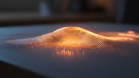 Glowing orange wave pattern with luminous ripples creates dynamic topographic landscape effect against dark background, suitable for technology and data visualization.