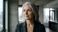 Senior businesswoman with gray hair in modern office looking confident and professional for corporate leadership concepts.