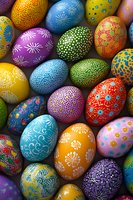 Colorful decorated Easter eggs with intricate floral and dot patterns in vibrant purple, blue, green, yellow, orange and pink hues arranged in festive holiday display.