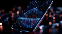 Modern smartphone displaying holographic mountain landscape with digital particles effect against blurred bokeh lights background in dark atmosphere.