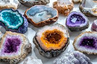Colorful crystal geodes with natural amethyst, citrine and blue agate formations on white background, showing inner crystalline structures and mineral formations.