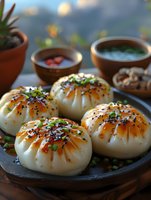 Pan-fried dumplings with sesame seeds and herbs on dark plate, Asian cuisine appetizer with dipping sauces and tea cups in cozy restaurant setting.