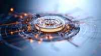 Futuristic circular technology concept with glowing orange lights and geometric patterns on dark background creates dynamic digital visualization effect.