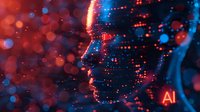 Digital face profile made of glowing particles with AI text against dark background, featuring red and blue bokeh light effects and technological elements.