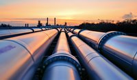 Multiple industrial pipelines stretching toward distant oil refinery silhouettes against dramatic orange sunset sky, metallic tubes reflecting warm evening light.