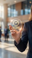 Professional businesswoman holding glowing uptime guarantee icon with clock symbol in modern office environment for technology and service reliability concepts.