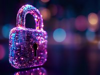 Glowing padlock with circuit pattern in neon pink and blue colors against dark background with bokeh lights, reflecting cybersecurity and digital protection concept.