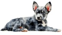 Watercolor puppy portrait of blue heeler mix with white chest and pink ears lying down, artistic pet illustration in soft gray and pink tones on white background.