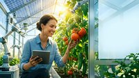 Young woman, South Asian ethnicity, wearing blue shirt, holding digital tablet while examining ripe tomatoes in modern greenhouse with natural sunlight, vertical farming setup for agricultural technology and sustainable food production.