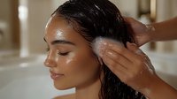 Young Asian woman with glowing skin receiving relaxing scalp massage treatment at luxury spa, eyes closed in peaceful expression during hair care ritual.