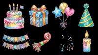 Birthday cake with colorful frosting, gift box with orange bow, balloons, party hat, bunting banner, candy cane, confetti, and candle isolated on transparent background. Ready for t-shirts, stickers, clipart, sublimation, and print-on-demand designs.