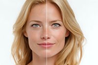 Middle-aged blonde Caucasian woman showing before and after skincare treatment results with half face comparison on white background for beauty concepts.
