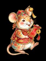 Cute rat in traditional festive attire holding a red scroll and gold coin, isolated on transparent background, for stickers, t-shirts, print on demand.