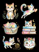 Whimsical cats collection featuring six isolated feline characters in colorful watercolor style. Includes sitting kitten, flying cat, basket cat, reading cat, playful cat with yarn, and floral cat face. Ready for t-shirts, stickers, clipart, sublimation, and print-on-demand designs.