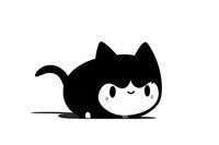 Minimalist black and white cat silhouette with cute kawaii face lying down, isolated design element for stickers, logos and decorative art projects.