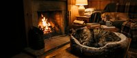 Tabby cat resting in woven bed near fireplace in cozy living room with warm lighting and comfortable furniture for home comfort and pet lifestyle content.