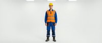 Male construction worker wearing yellow hard hat, orange safety vest, and blue work clothes standing against white background for industrial, occupational, and safety training materials.