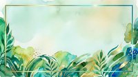 Watercolor botanical border with green foliage, yellow and blue flowers on isolated white background, suitable for invitations, greeting cards, and design projects.