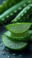 Fresh cut aloe vera leaves with gel and water drops on dark background, macro shot showing natural texture and transparency for cosmetic and skincare concepts.