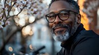 Mature African American man with glasses and gray beard smiling outdoors at sunset with cherry blossoms in background.