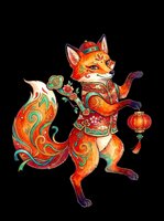 Festive fox character in traditional Asian attire holding a red lantern, isolated on transparent background, ready for stickers, t-shirt design, and print on demand.
