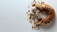 Playful skeleton figure emerging from chocolate crumble donut on white background, creative Halloween food concept for bakery and seasonal treats.