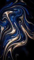 Swirling liquid marble with deep blue and gold metallic waves flowing across black background with sparkling particles, creating luxurious abstract art for design projects.