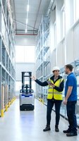 Two warehouse workers discussing logistics operations with automated forklift in modern distribution center with high storage racks and industrial lighting.