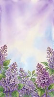 Watercolor lilac flowers with green leaves border bottom frame against soft purple and blue gradient sky, leaving ample copy space above for text, greeting cards, invitations, and spring designs.