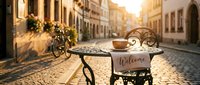 Cozy outdoor cafe table with a coffee cup and welcome sign on a sunlit cobblestone European street at golden hour.